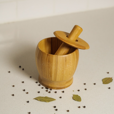 Bamboo Mortar and Pestle Natural Grinder with Lid