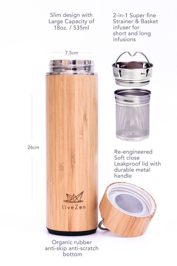 Tea Tumbler Infuser Bamboo Bottle 18 oz, LiveZen